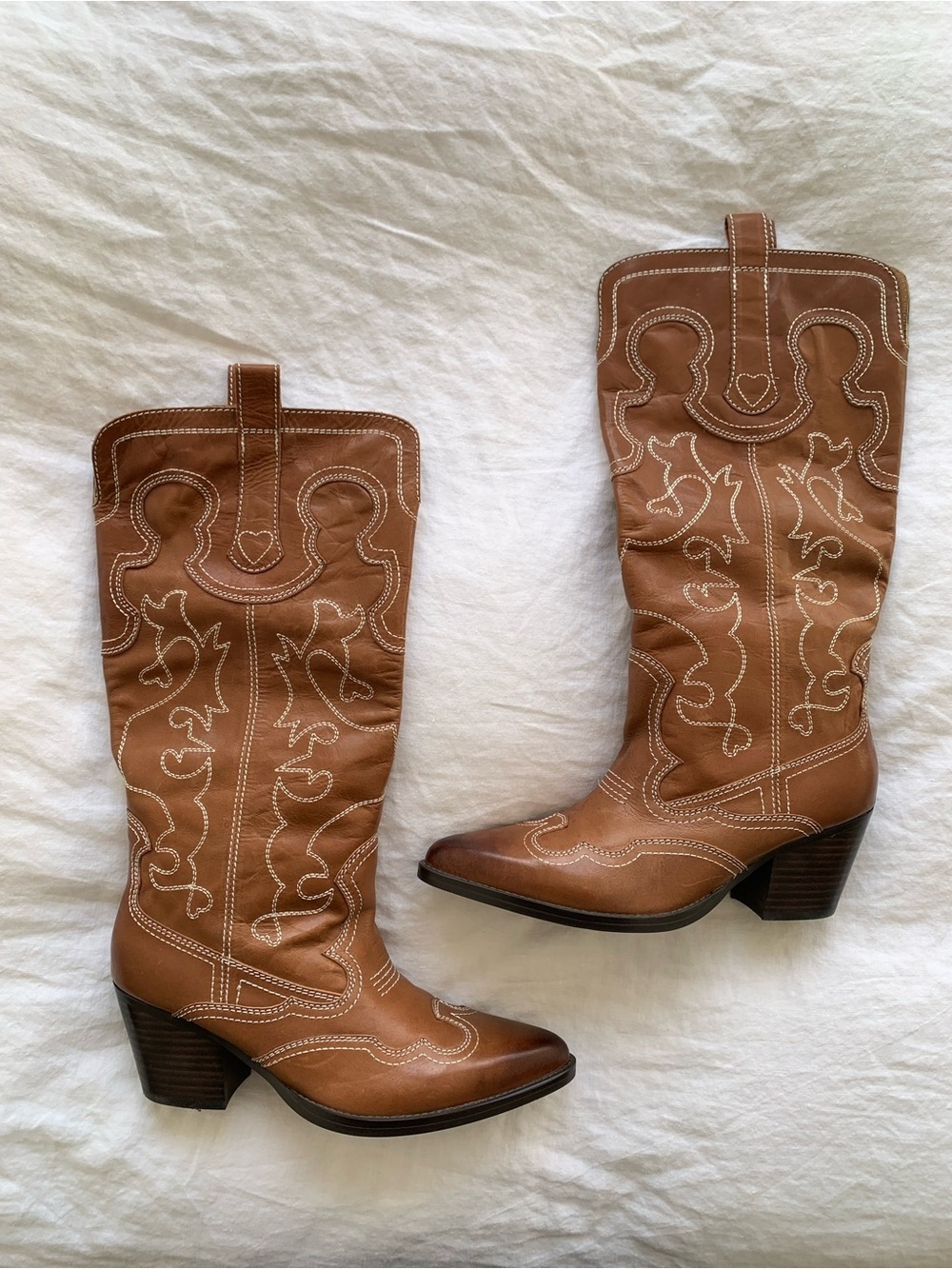 Tony Bianco Primrose Embroidered Pointy Toe Western Cowboy Boots Toffee Como Tan